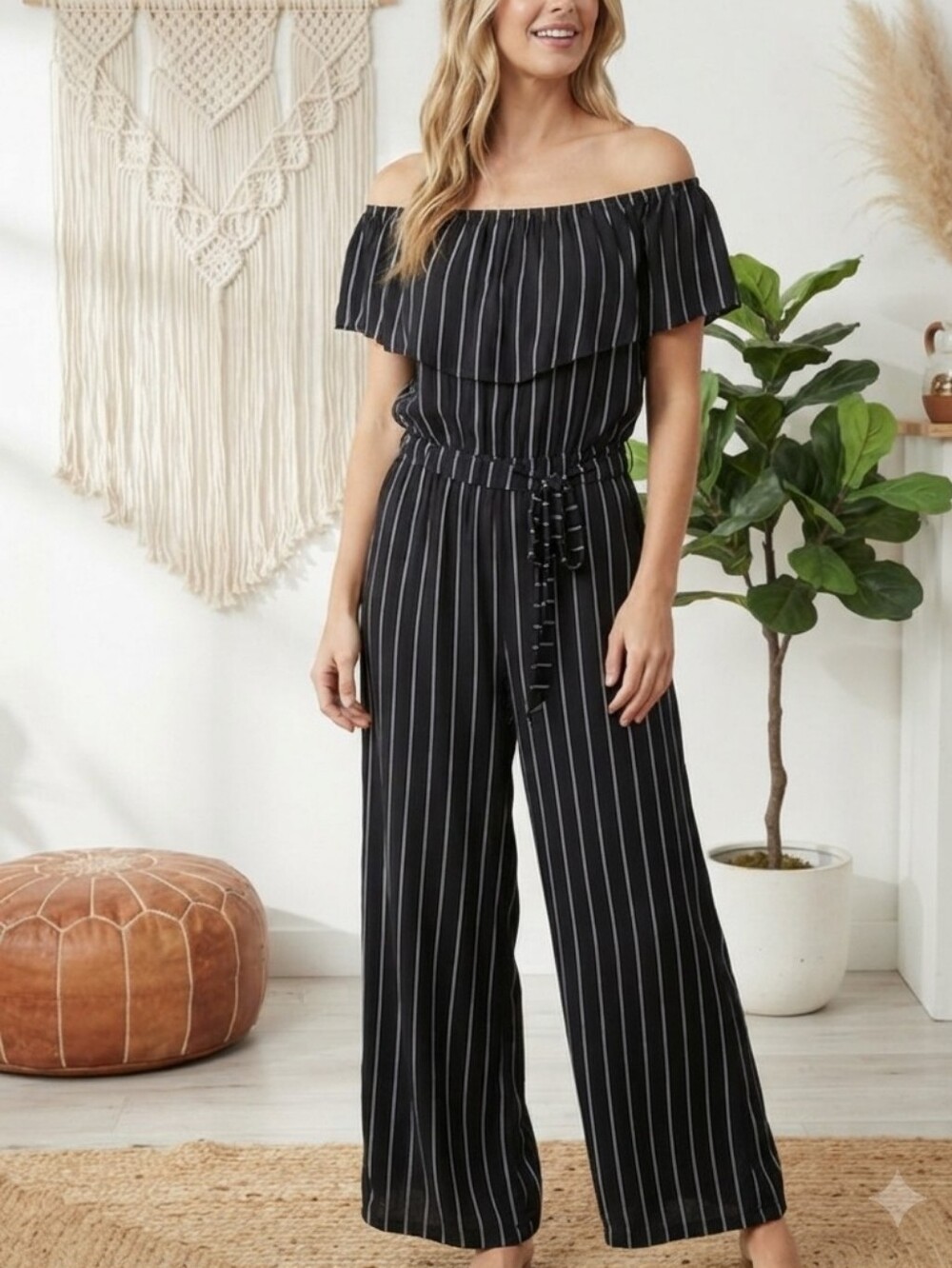 Active USA Stripe Ruffle Off-Shoulder Wide Leg Jumpsuit Size Small